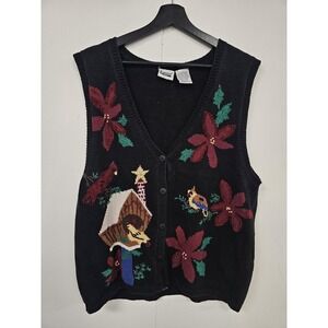 Capacity Sweater Vest Womens 1X Poinsettia Birdhouse‎ Christmas Holiday Pullover